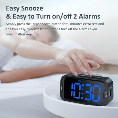 Odokee Digital Dual Alarm Clock for Bedroom with 0-100% Dimmable Display | Easy to Set Alarm Clock with Weekday/Weekend Mode - Loud Alarm for Heavy Sleepers with 5 Sounds Adjustable Volume - Blue