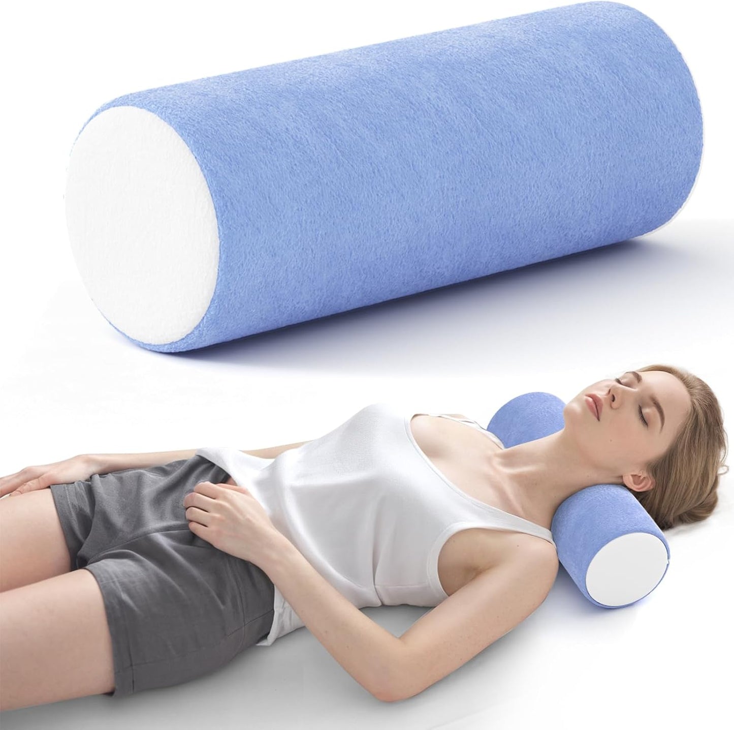 Neck Roll Pillow for Neck Pain Relief - Memory Foam Neck Support Pillow for Bed | Round Neck Pillow for Sleeping, 15.7 * 6 * 6 inch (Cool-Blue)