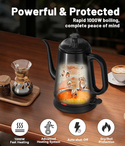 1L Gooseneck Electric Kettle for Pour Over Coffee & Tea | 1000W Fast Heating, Food-Grade Stainless Steel, Auto Shut-Off & Boil-Dry Protection, BPA-Free, Black