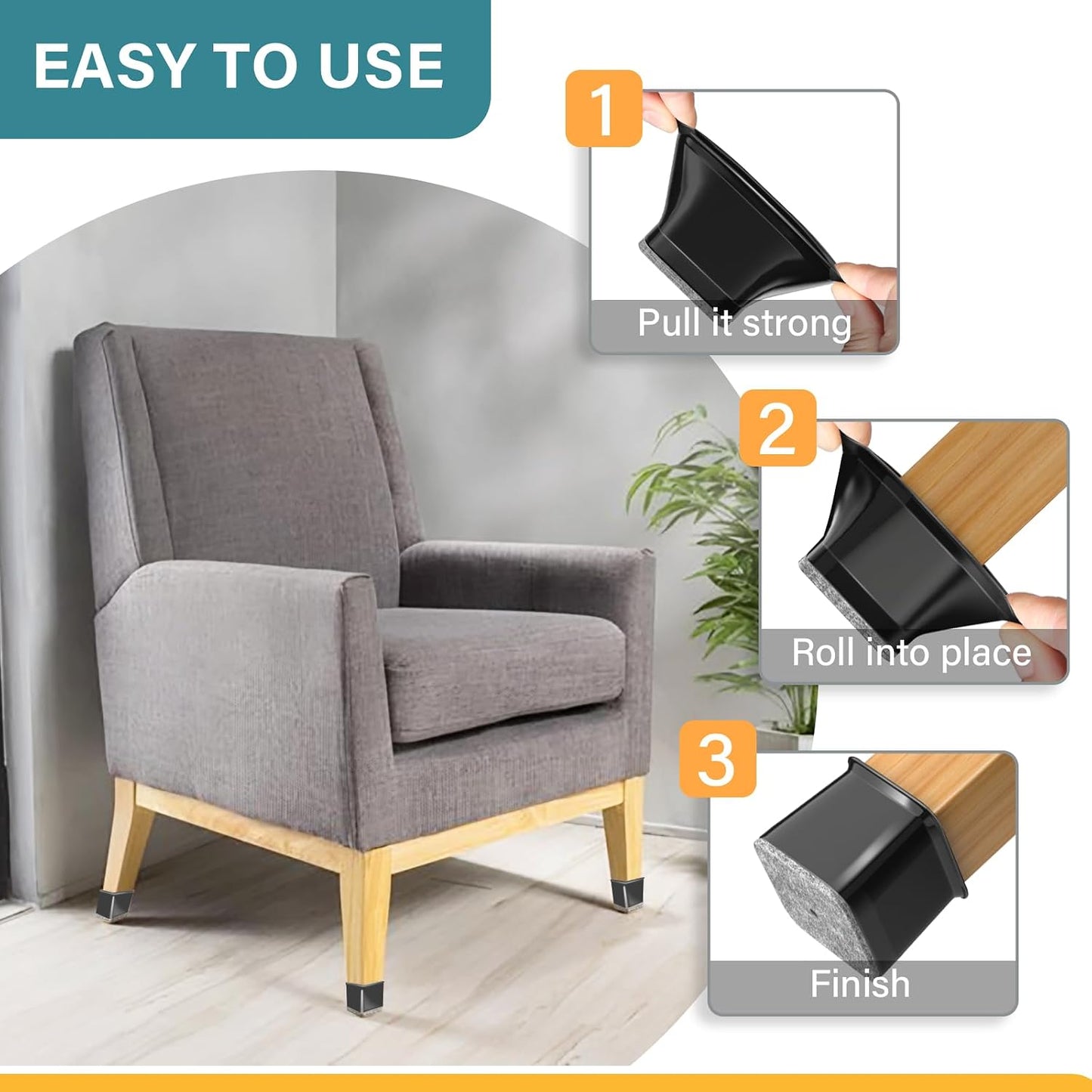 Ansible 24 Pcs Chair Leg Floor Protectors Square | Silicone Felt Furniture Leg Pads Caps Covers for Hardwood Floors (Fit:1-1/16" to 1-5/8")