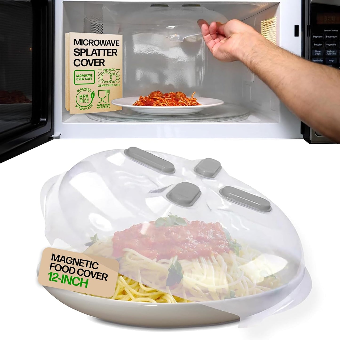 HOVER COVER Magnetic Microwave Splatter Cover for Food - 12-Inch - Gray | BPA-Free Lid, Vented Plate Guard with Steam Vents, Anti-Splash Microwave Lid, Dishwasher Safe, Space-Saving Magnetic Storage