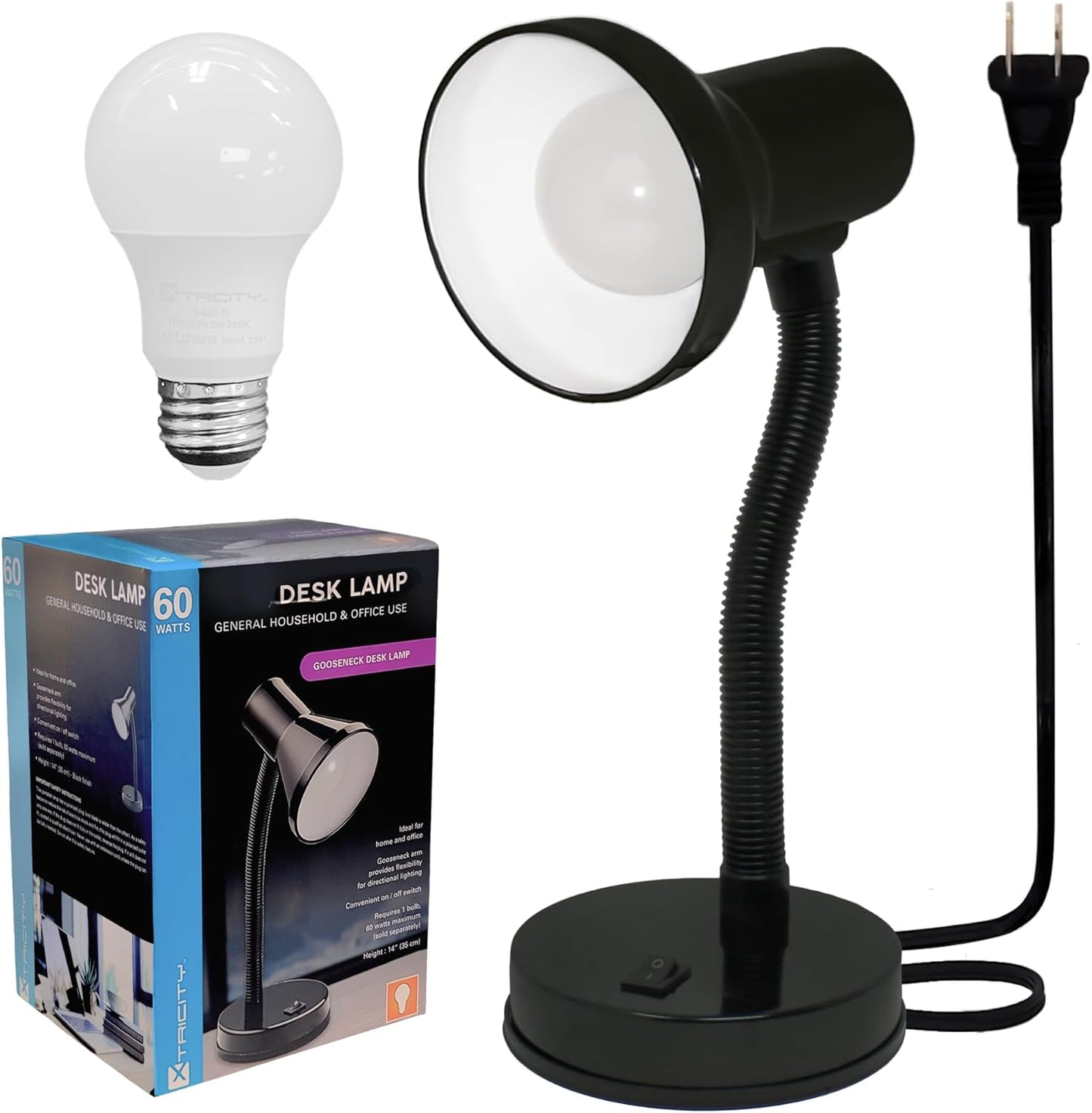 Xtricity LED Clip on Desk Lamp with 360° Flexible Gooseneck, White Finish | Reading Light for Bed Headboard– A19 Bulb Included, 120V, On/Off Switch, 10.25” Height Table Lamp