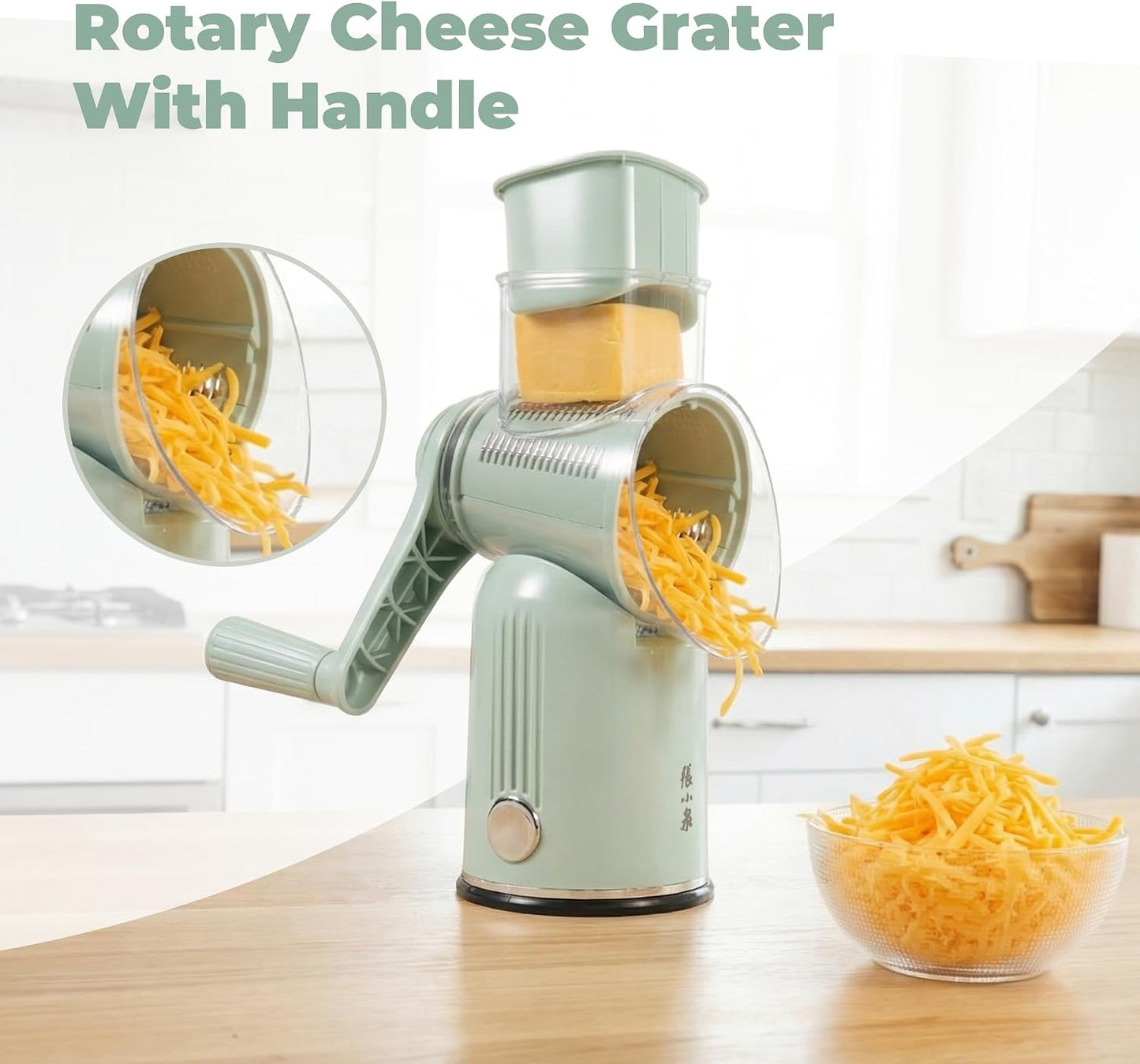 Rotary Cheese Grater Manual Hand Crank with 5 Blades & Suction Base, Kitchen Vegetable Shredder Slicer for Veggie, Nuts, Fruit, Cream