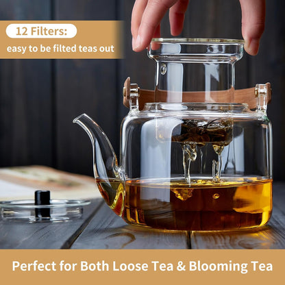 Glass Teapot Set, 37OZ/1100ML Glass Tea Kettle with 4 Double Wall Teacups, Tea Pot with Infusers for Loose Tea, Stovetop & Microwave Safe Tea Maker