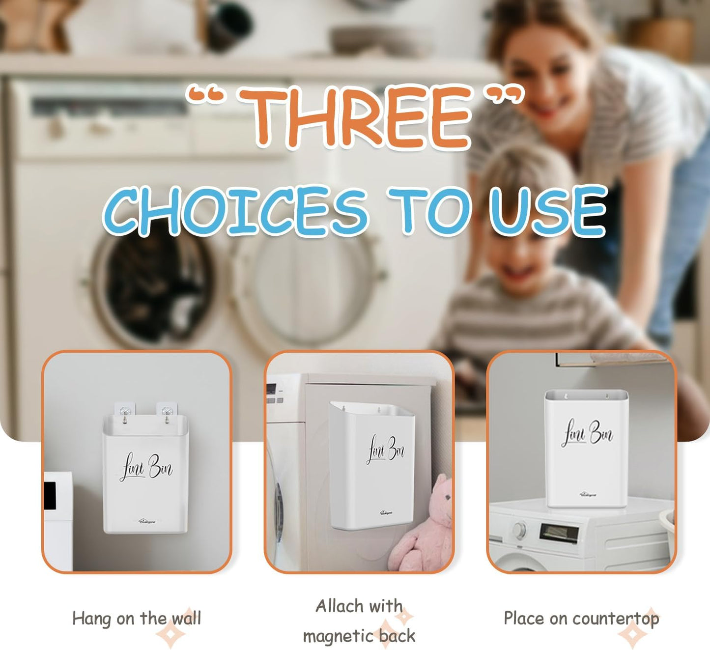 Sealegend Magnetic Lint Bin for Laundry Room with Dryer Lint Brush, Wall Mounted Trash Can Space-Saving Laundry Organization and Storage, White | 3 Installation Ways, Space-Saving Trash Can, Laundry Organization & Storage