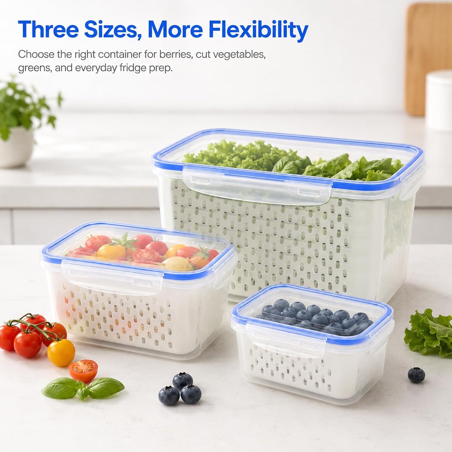 Fruit Containers 3Pcs – 4-in-1 with Removable Colanders & Lids, Fridge Fresh Storage, Dishwasher Safe