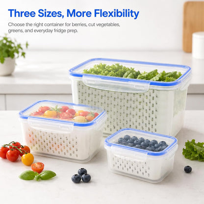Fruit Containers 3Pcs – 4-in-1 with Removable Colanders & Lids, Fridge Fresh Storage, Dishwasher Safe