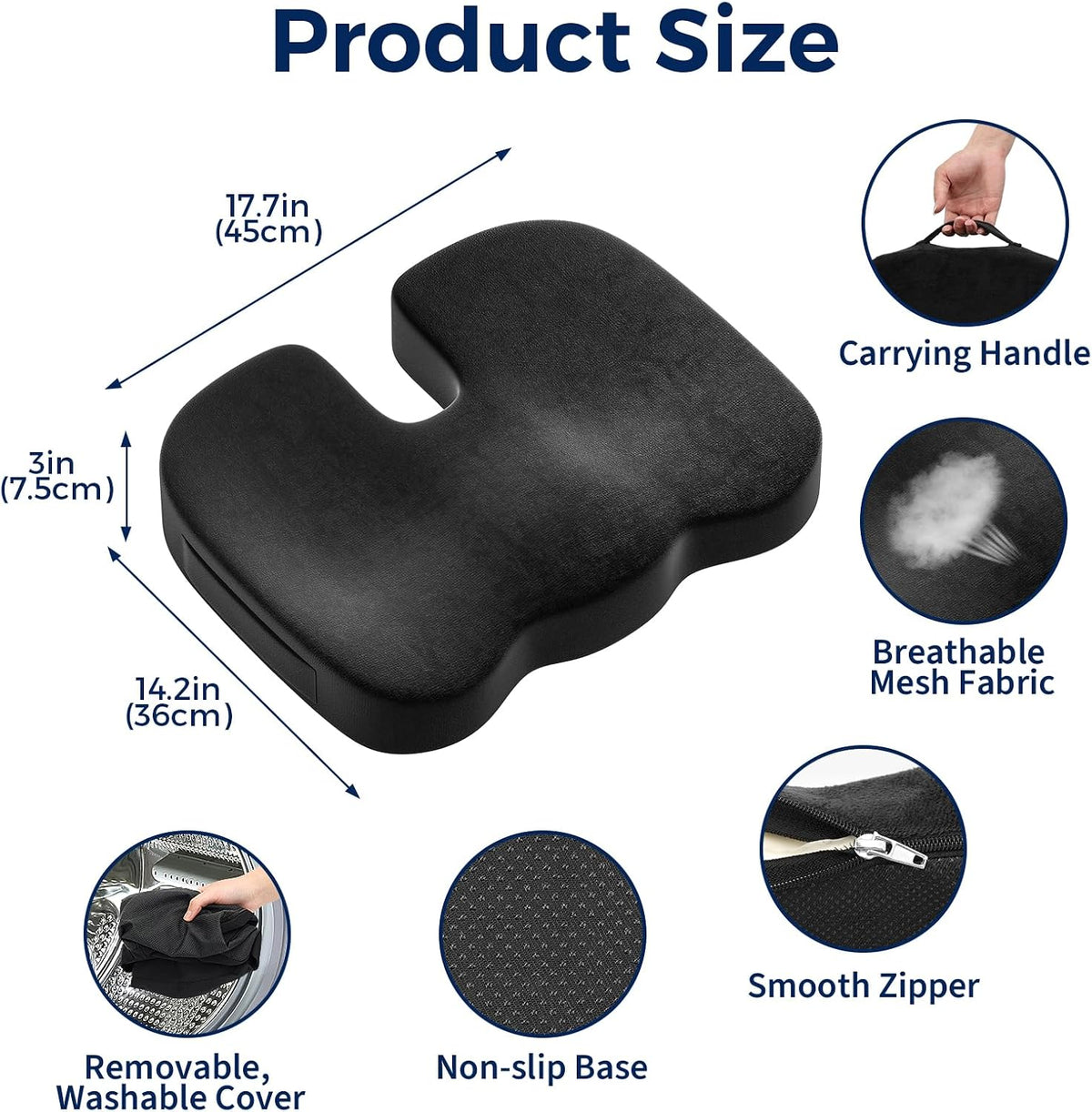 Seat Cushion for Office Chair, Ergonomic Memory Foam Seat Cushion for Long Sitting and Driving, Tailbone Relief Cushion for Office Chairs and Car Seats, Non-Slip Bottom, Washable Cover, Black