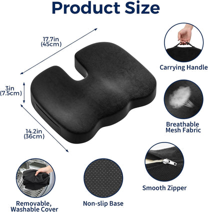 Seat Cushion for Office Chair, Ergonomic Memory Foam Seat Cushion for Long Sitting and Driving, Tailbone Relief Cushion for Office Chairs and Car Seats, Non-Slip Bottom, Washable Cover, Black