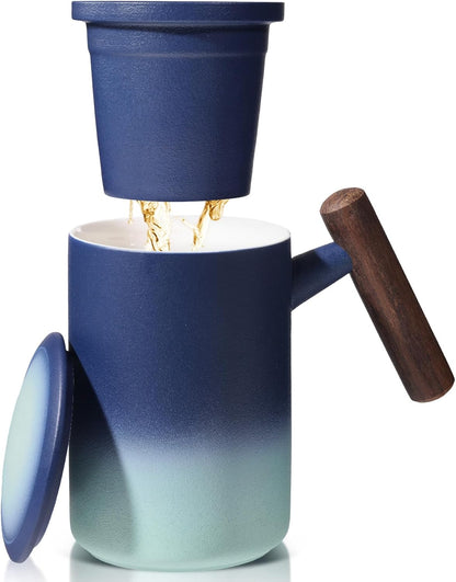 Tea Cup with Infuser and Lid,15 oz Ceramic Loose Leaf Tea Mug,Blue | All Ceramic Infuser &Wooden Handle,Hand Wash Only,Metal-Free,Lead-Free,BPA-Free,Warm Gift for Tea Lovers