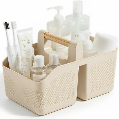 Plastic Shower Caddy Portable Shower Basket with Bamboo Handle, White | Cleaning Caddy Organizer Storage Tote for Bathroom, College Dorm Essentials, Bath Toy Storage