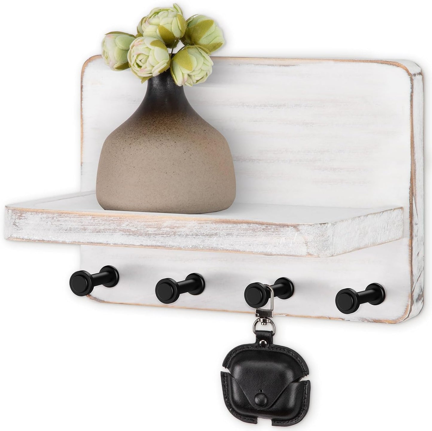 Nekon Key Holder for Wall with Shelf, Pine Wooden Key Hanger, Black | Small Wall Mounted Key Holder with 4 Hooks, Farmhouse Wall Organizer for Home Entryway & Apartment