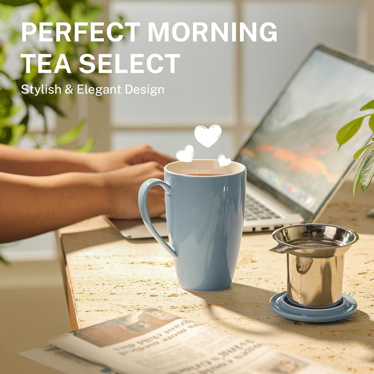 Sweese 15oz Porcelain Tea Mug with Infuser and Lid – Microwave Safe, Ergonomic Handle, Lead-Free Glaze, for Loose Leaf Tea