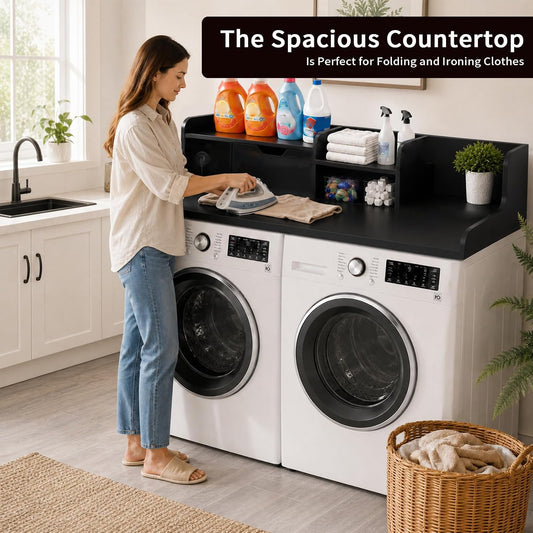 Washer and Dryer Countertop with Power Outlet & Storage Drawer, 54 Inch Laundry Tabletop Over Washing Machine, Clothes Folding & Ironing Station, Laundry Room Organizer with Non-Slip Pads