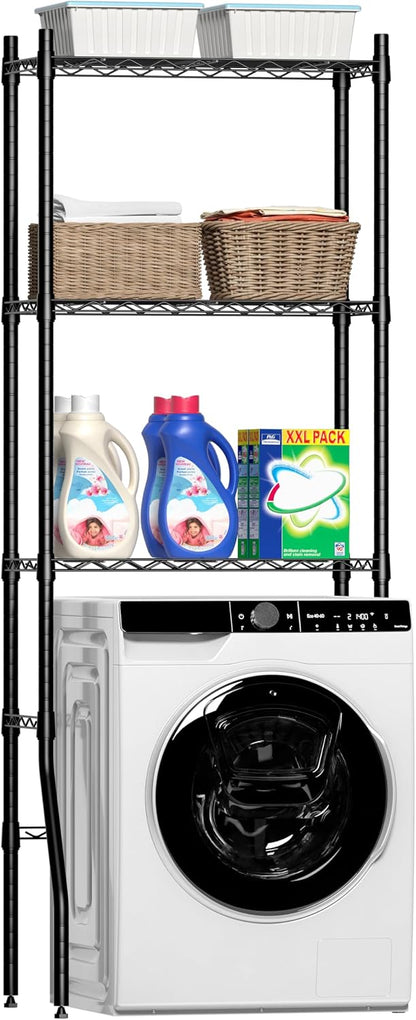 Laundry Room Storage Shelf & Organizer, 2 Tier Metal Over Washer and Dryer Shelves, Washing Machine Shelf with Hanger Rod, Expandable Bathroom Space Saver Shelf, 26–37" L x 15.8" W x 59.5" H, Black