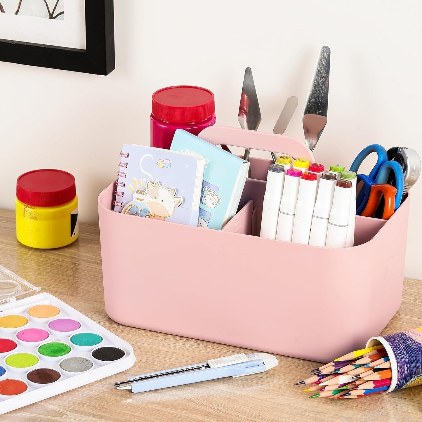 Multiuse Caddy Organizer with Handle, Portable Divided Plastic Tote Bin - Art Craft, Stationary Pen Marker Crayons, Makeup Hair Supplies Storage - Bathroom, Classroom, Dorm, Office, Desk Holder - Grey