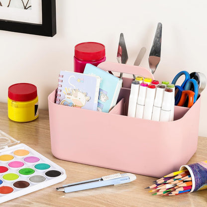 Multiuse Caddy Organizer with Handle, Portable Divided Plastic Tote Bin - Art Craft, Stationary Pen Marker Crayons, Makeup Hair Supplies Storage - Bathroom, Classroom, Dorm, Office, Desk Holder - Grey