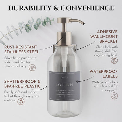Shower Shampoo Dispenser Wall Mounted – 3 Refillable 16.9 oz Clear Bottles with Stainless Steel Pumps & No-Drill Adhesive Holders – Soap Dispenser Set for Bathroom (3 X Clear/Silver)