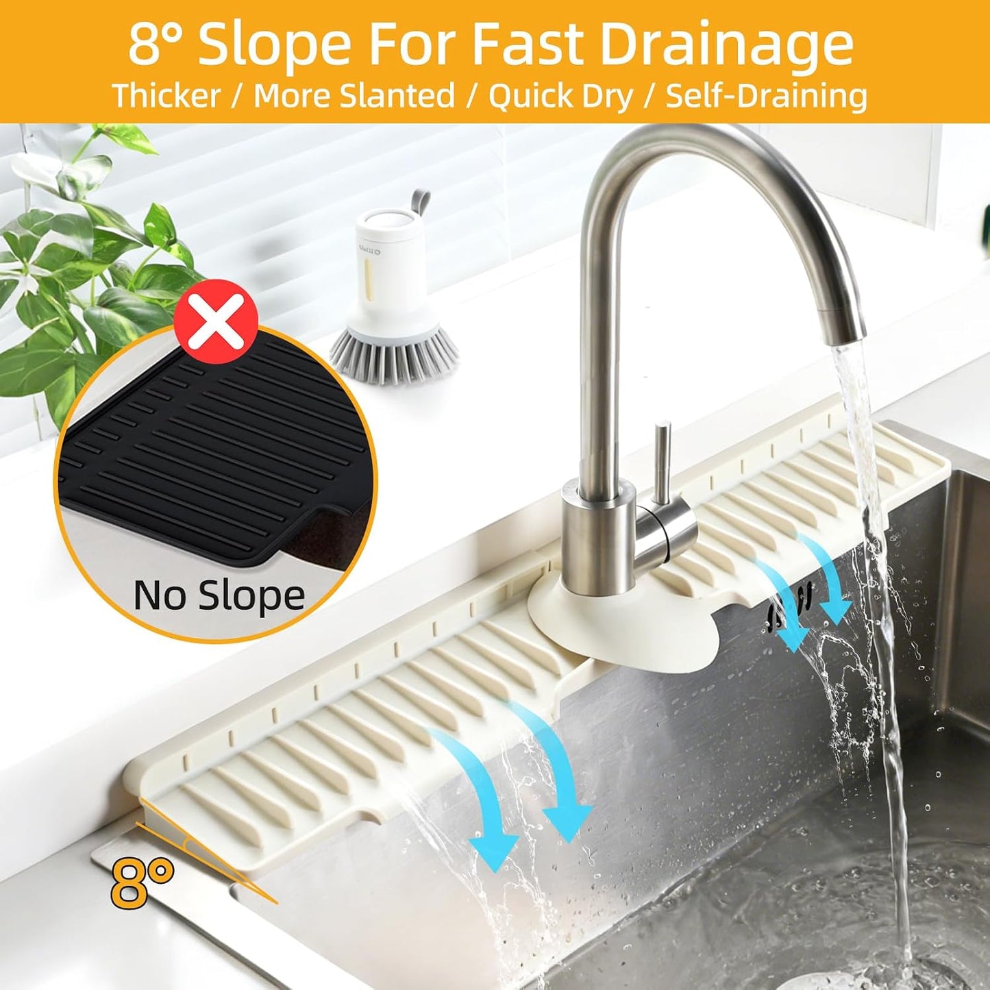 24" Silicone Sink Mat for Kitchen(Released in 2026), Beige | 8° Slope for Quick Self-draining, Sink Splash Guard Behind the Faucet, Narrow Water Splash Guard, for Kitchen&Bathroom Area