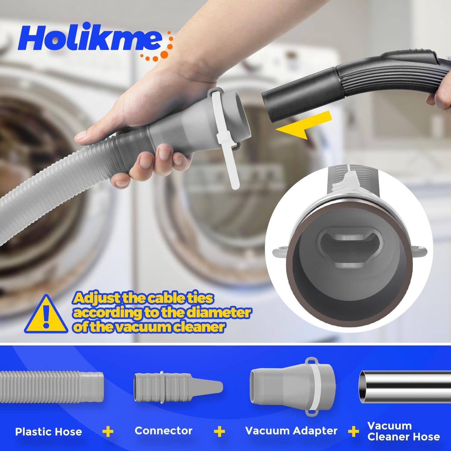 Holikme Dryer Vent Cleaner Kit, Vacuum Hose Attachment, 2-Piece, Black | Adjustable Cable Tie for Easy Attachment, Flexible Lint Brush Removes Lint from Dryer Lint Screens and Tight Spaces