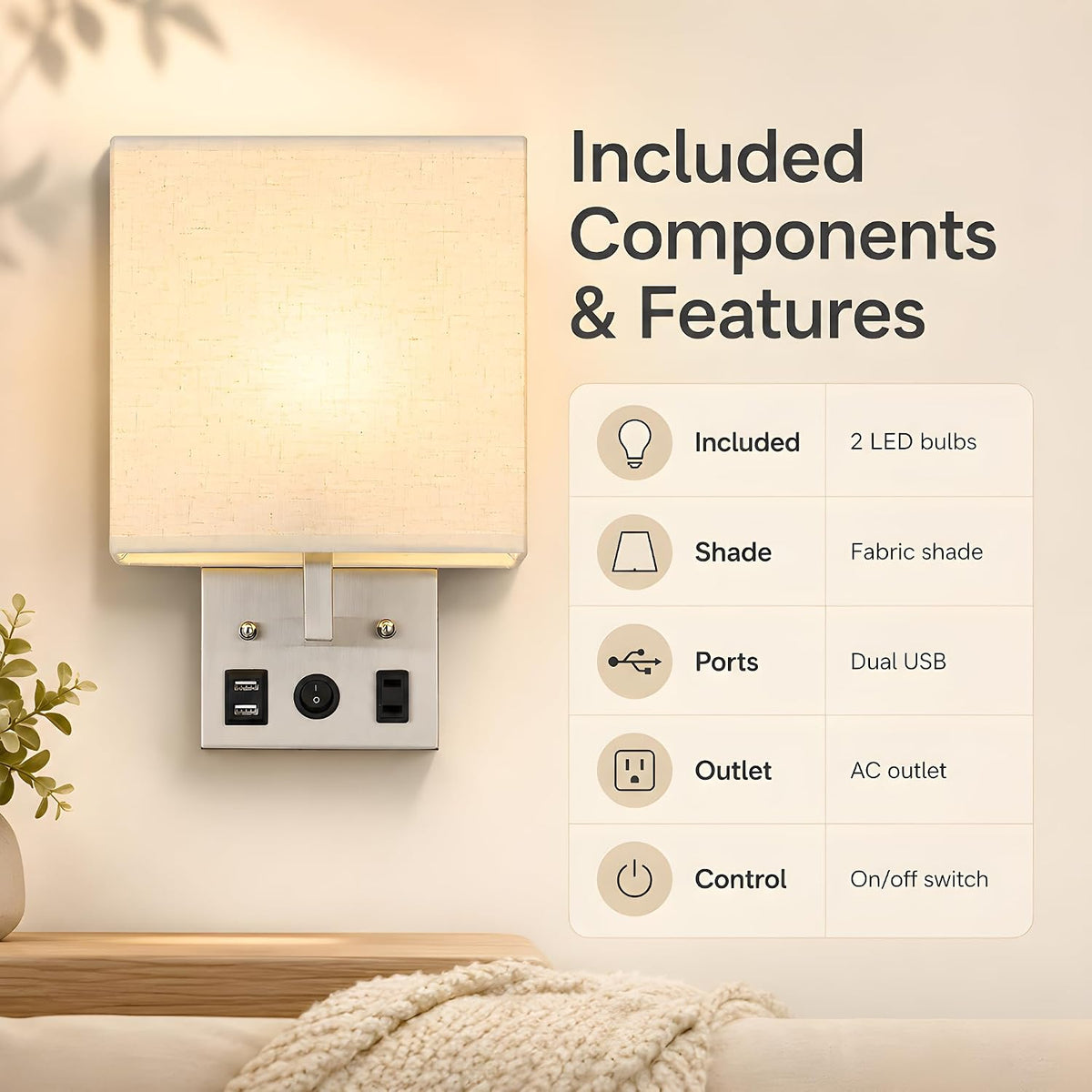Vrisa Wall Sconces Wall Lamps for Bedrooms Set of 2 Plug in Bedside Lights Wall Mounted with USB Ports Outlet Wall Light Fixtures for Bedroom Living Room Black (2 Bulbs Included)