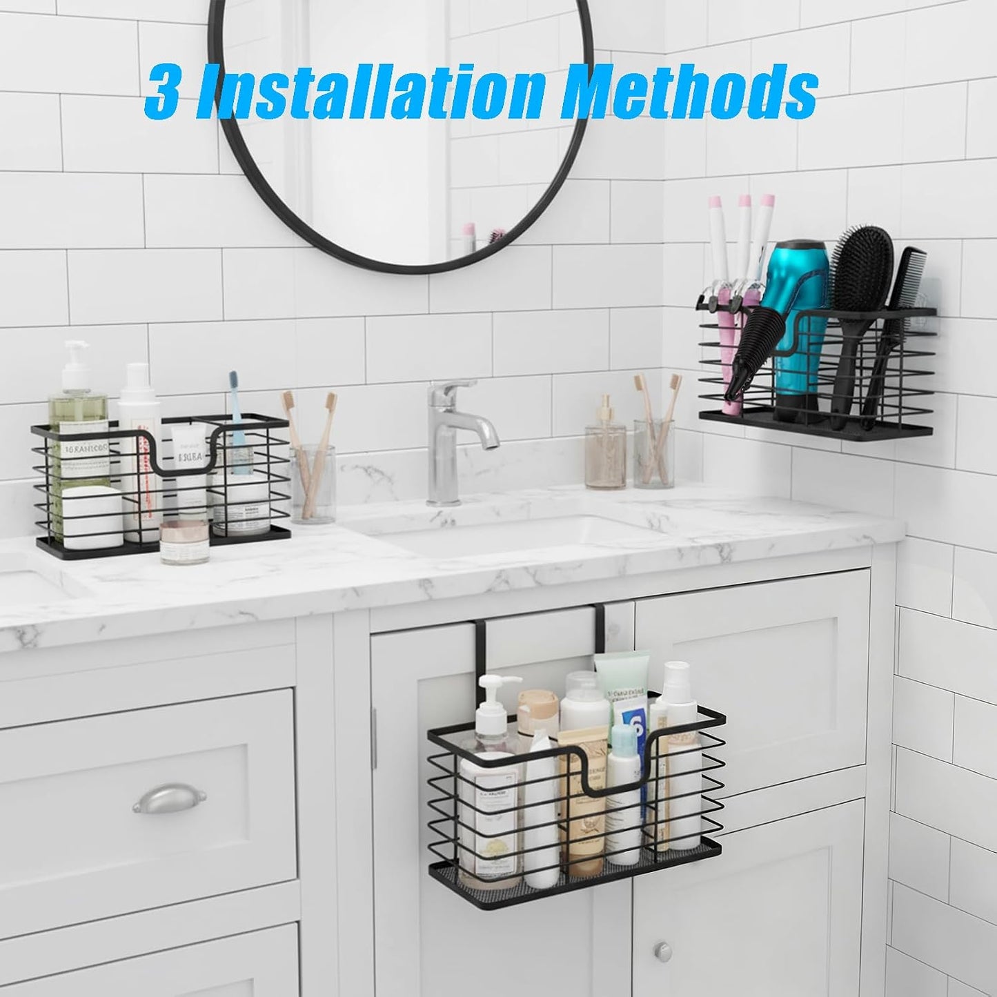 Nicunom Hair Dryer Holder, 3 in 1 Hair Tool Organizer Wall Mounted/Cabinet Door Blow Bathroom Organizer Ajustable Wire Storage Basket for Curling Iron, Flat Iron, Straightener, Styling Tools