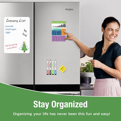 Magnetic Dry Erase Board: Small Fridge Whiteboard, Flexible Refrigerator Magnet White Board, Blank Writing Note Sheet with Dishwasher Magnet Clean Dirty Sign, 4 Markers & Eraser - 12 x 8