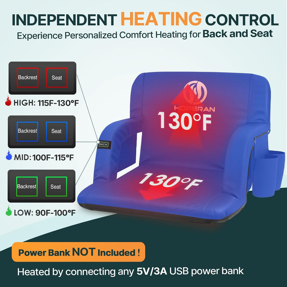 HOPERAN 25in Heated Stadium Seats for Bleachers, Dual Control, 2 PCS, Black
