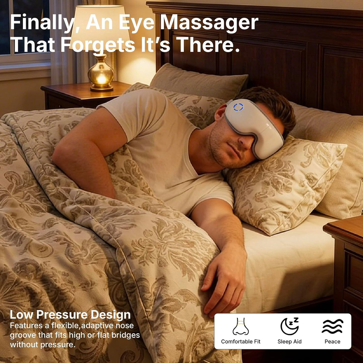 Eye Massager with Heat and Compression for Eye Strain Relief, Heated Eye Mask for Dry Eyes, Migraine & Stress Relief, Bluetooth Music, Rechargeable Foldable (Matte White)