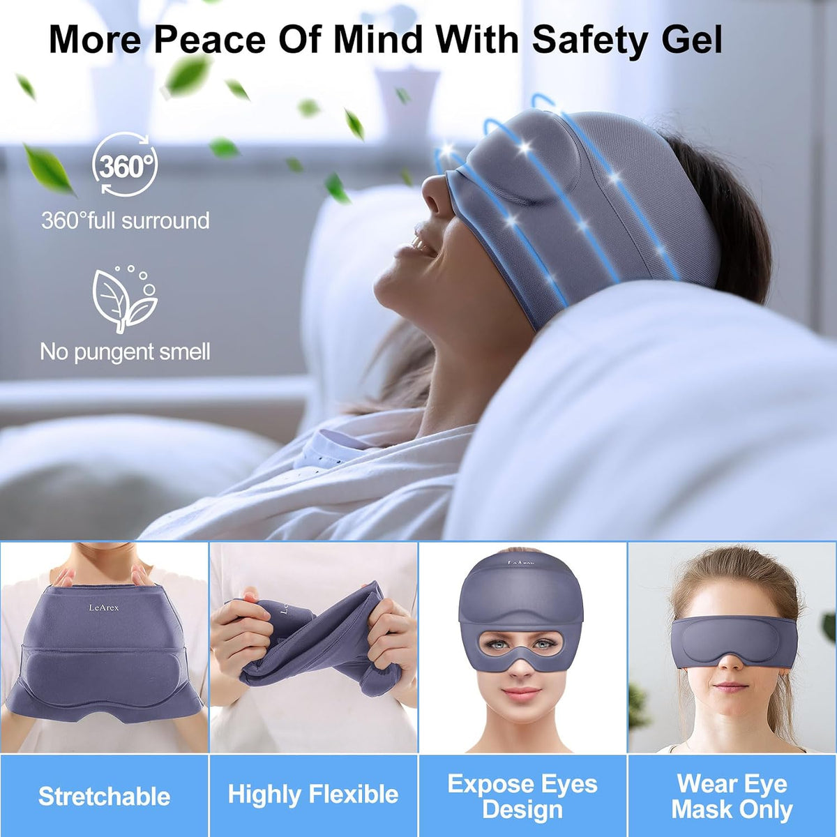 2 in 1 Migraine Relief Cap with Gel Eye Mask, Headache Relief Cap Ice Head Wrap Hot and Cold Therapy Hat Gift for Women for Headache Puffy Eyes Sinus and Tension Stress Relief (Light Purple)