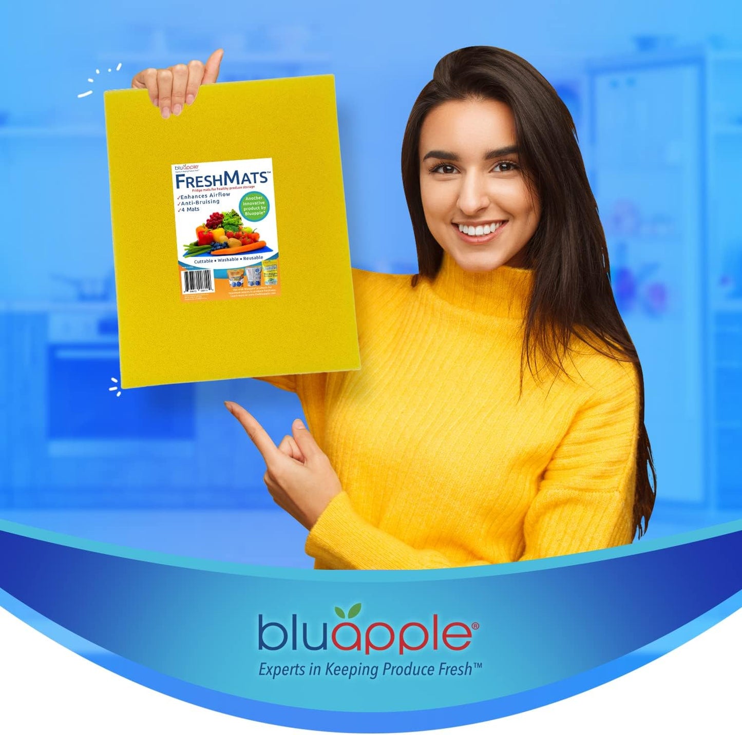 Bluapple FreshMats - Refrigerator Bin Liners, Fridge Drawer Mats - Keeps Produce Fresh Longer, Prevents Bruising, Promotes Air Circulation - BPA-Free Polyurethane Foam - (4-Piece Set, 12"x15", Green)