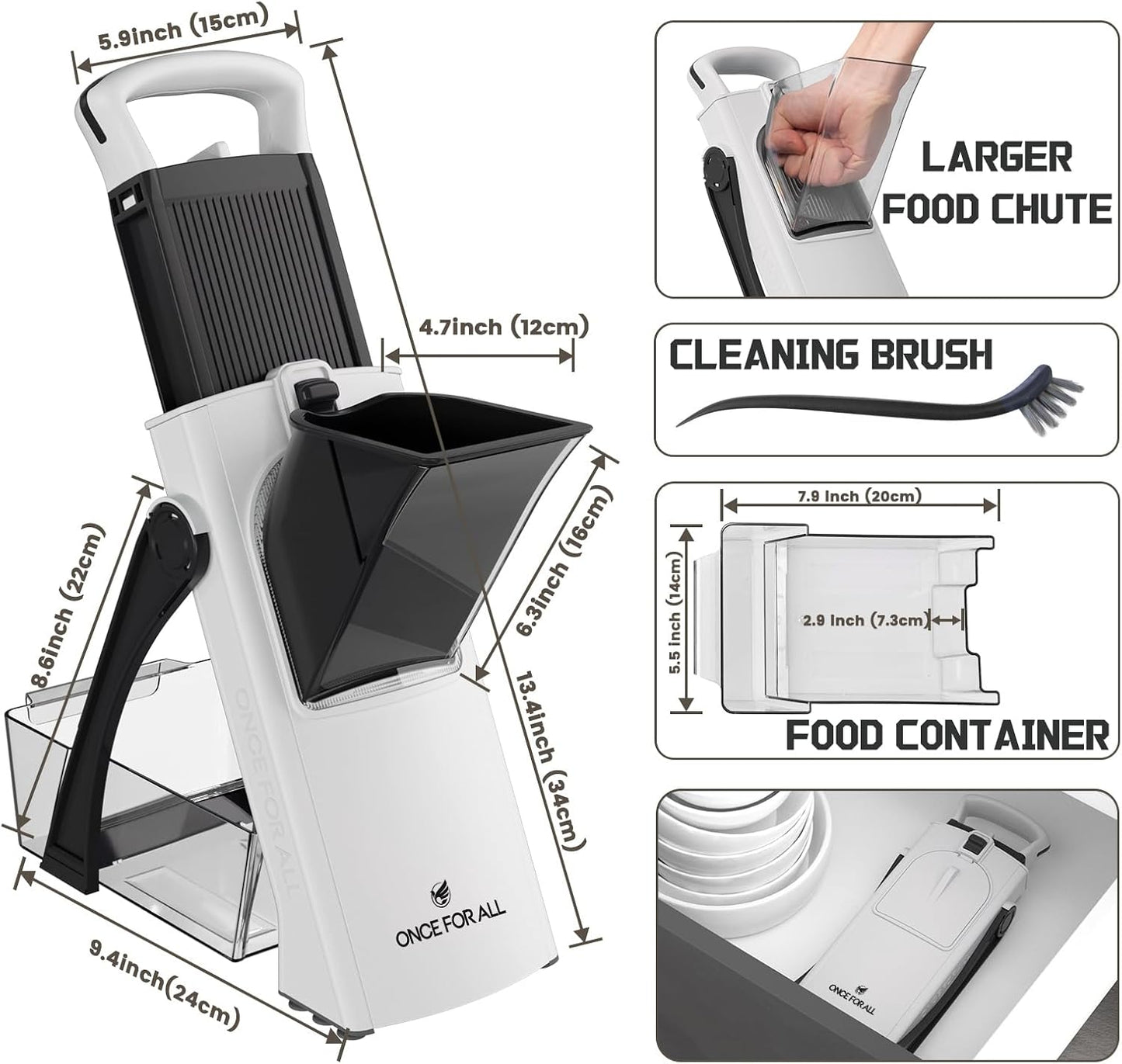 ONCE FOR ALL Safe Mandoline Slicer Plus, Bigger Size, Potato Slicer, Black | 0.1-8mm Adjustable Vegetable Food Chopper, Kitchen Mandoline Slicer Stainless Steel, Detachable Blade, Dishwasher-safe, Gift
