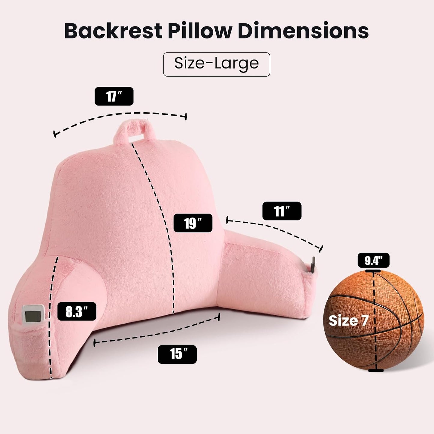 Reading Pillow with Arms for Sitting in Bed,Backrest,White Flannel,M | 17" Backrest Supports Back for College Students,Elbows & Forearms for Dorm Reading,Gaming,Watching TV