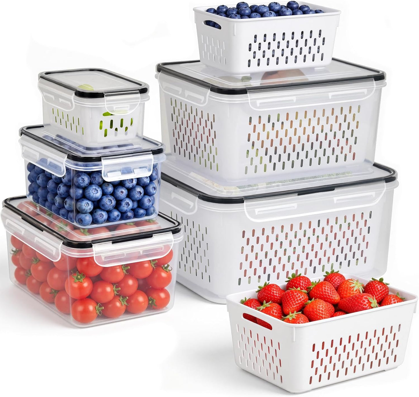 8 PCS Fruit Storage Containers for Fridge, Leakproof Produce Containers | For Fridge with Removable Colander, Microwave/Dishwasher Safe Fruit Washing Bowl Keep Fruits, Vegetables, Berry Fresh longer