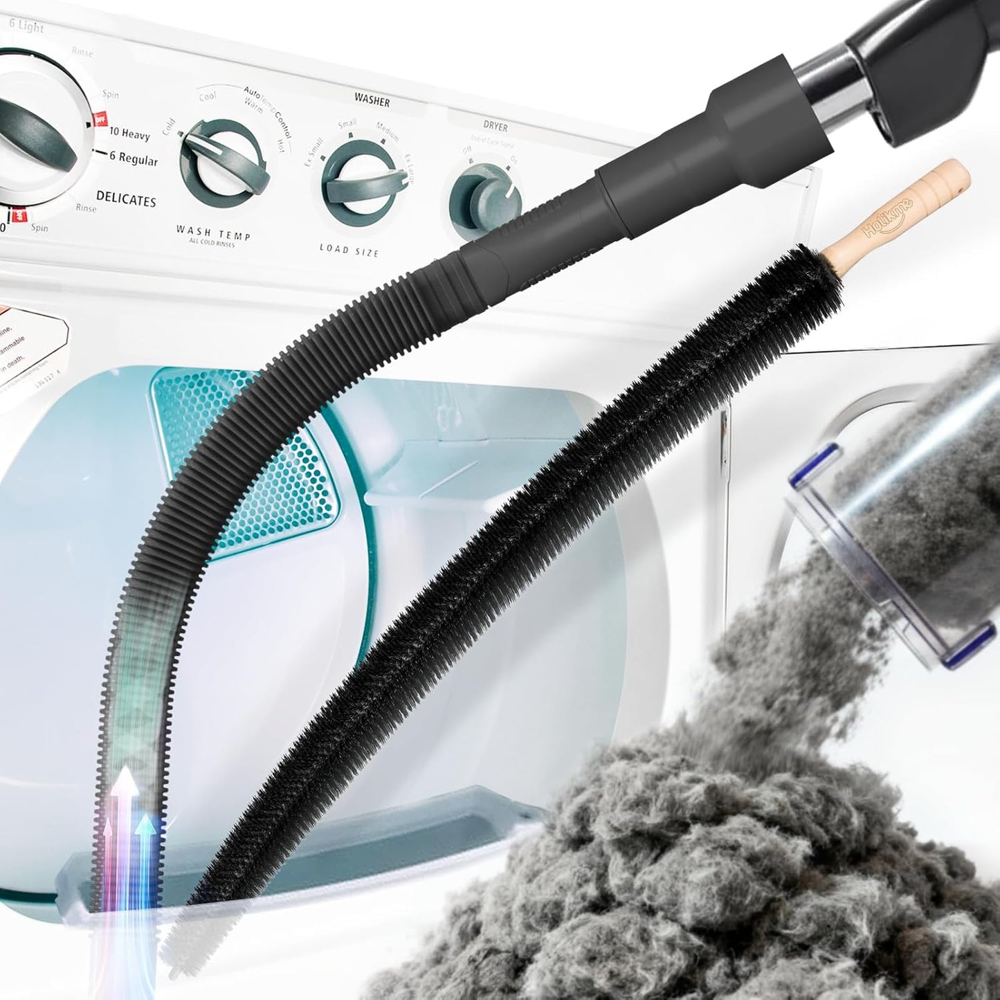 Holikme Dryer Vent Cleaner Kit 2Pack - Lint Vacuum Attachment & Brush | Blue Dryer Vent Vacuum Hose Attachment & Brush Reach Deep Traps - Remove Hidden Lint, Speed Drying & Reduce Fire Risk