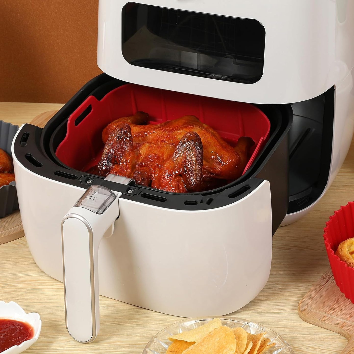 2Pcs Air Fryer Silicone Liners Fit 3-5QT Air fryer, Reusable Food Grade Silicone Air fryer Liners Baking Tray Basket Accessories(Round, 6.5 Inch)