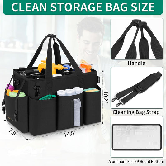 IBVIVIC Wearable Cleaning Caddy Bag for Cleaning Supplies, Black | Cleaning Organizer Tote Bag with Handle & Shoulder Straps Kitchen Cleaning Supplies Storage Bag for Cleaners & Housekeepers