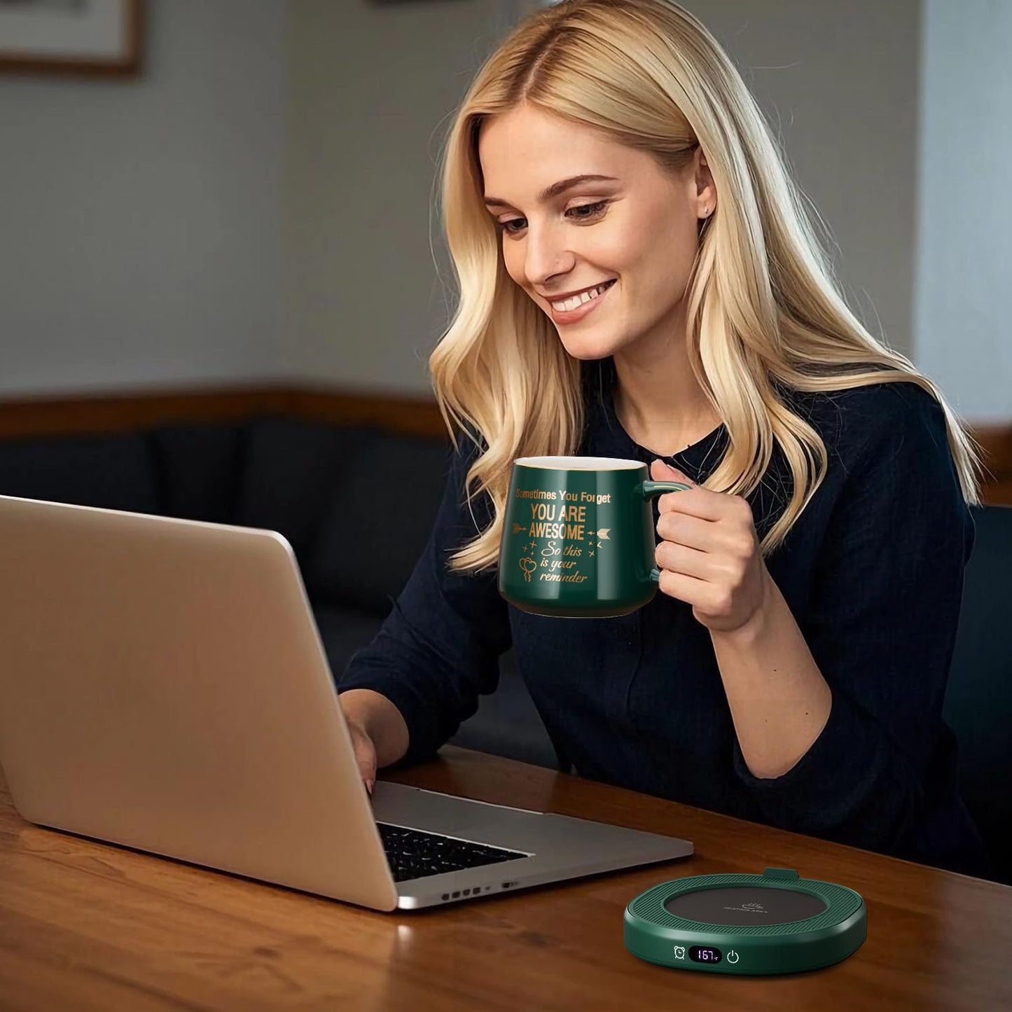 Coffee Mug Warmer & Pure Black Mug Set, Electric Cup Warmer for Desk | Beverage Warmer Plate for Coffee,Tea,4 Temperature Setting,8-Hours Auto Shut Off,14oz Mug with Spoon & Bamboo Lid Included