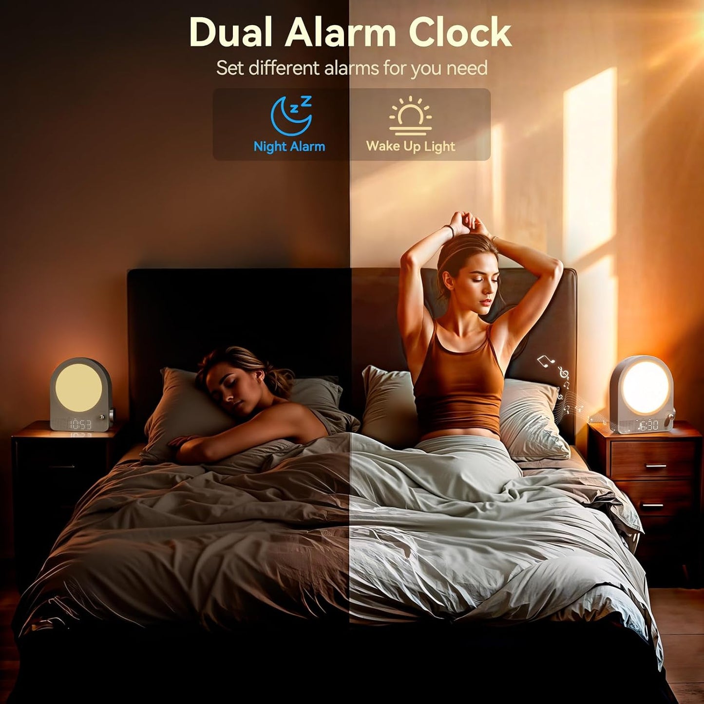 Vivilumens Gradual Sunrise Alarm Clock & White Noise Sound Machine for Better Sleep - Wood Grain Design, Wake-Up Light, Night Light, 10 Natural Sounds, Dual Alarms for Heavy Sleepers