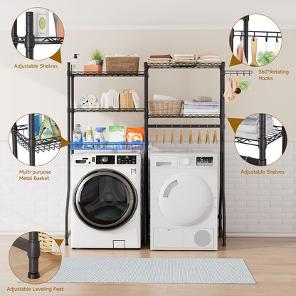 Golpart Laundry Organizer Shelves Over the Washer and Dryer Storage Shelf | Heavy Duty Laundry Room Organization Clothes Drying Rack Adjustable Height Wire Shelving and Wire Basket with Hanger Rod