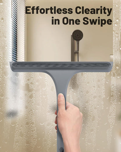 2-in-1 Silicone Shower Squeegee with Hook,Dual-Sided Design with Scraper & Scrub Surface,Rust-Proof Stainless Core,Streak-Free Bathroom Squeegee for Glass Doors,Mirrors,Windows,Car Windshields (Black)