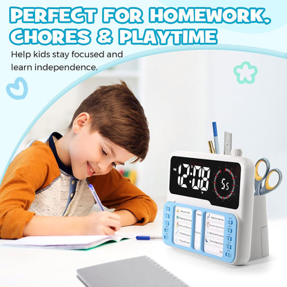 7-in-1 Visual Timer with Task Planner - Blue | ADHD Time Management Tool With Alarm, Countdown, Calendar, Temperature Display and Storage, Ideal for Home and School