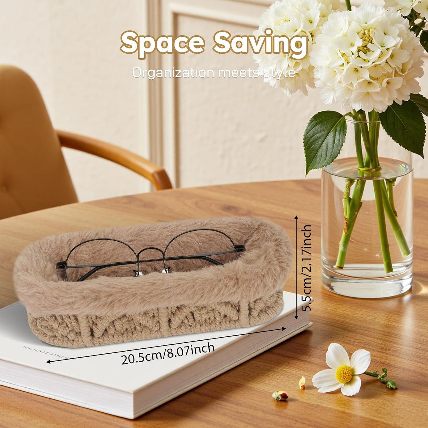Glasses Holder, Anti-scratch Plush Lined Eyeglass Holder Stand | Oval Eye-glasses Storage Organizer Case for Nightstand, Office Desk, Bedside Table, Beige