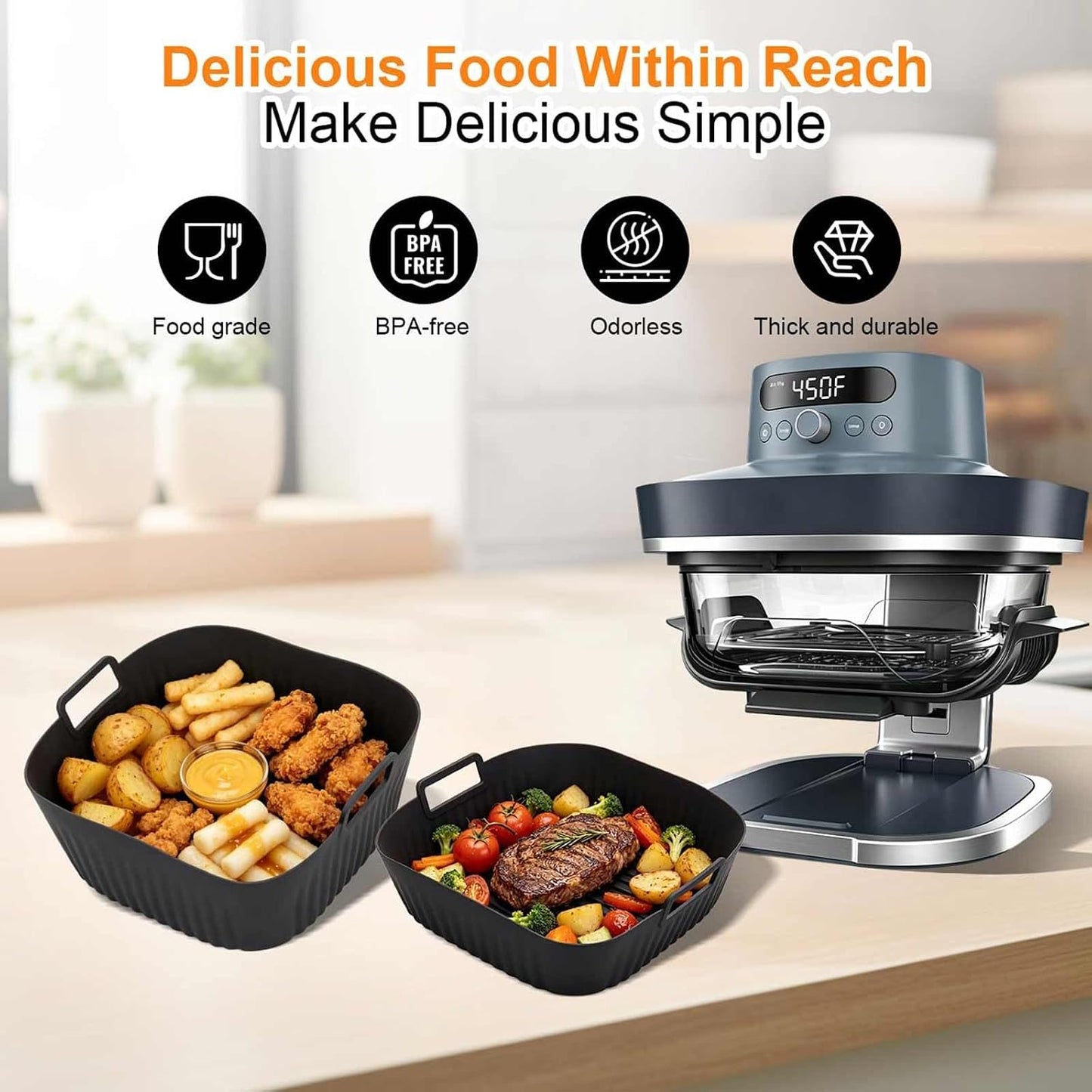 Square Silicone Air Fryer Liners: Compatible with Ninja Crispi Pro AS101CY and Most 5-6.5 Quart Air Fryer Baskets, Reusable & Non-Stick Air Fryer Accessories, 2 Pack Includes 2.5 QT & 6 QT Sizes