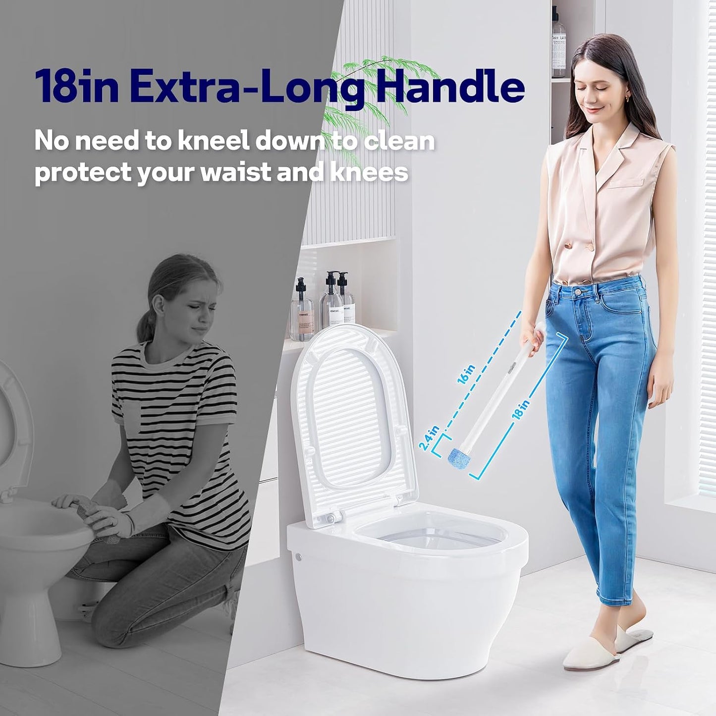Pumice Stone Toilet Bowl Cleaner 8Ct, 18in Extra Long Handle | 18in Extra Long Handle, One-Touch Ejection, Hard Water Stains Ring Limescale Remover, Toilet Bathtub Grill Pool Sink