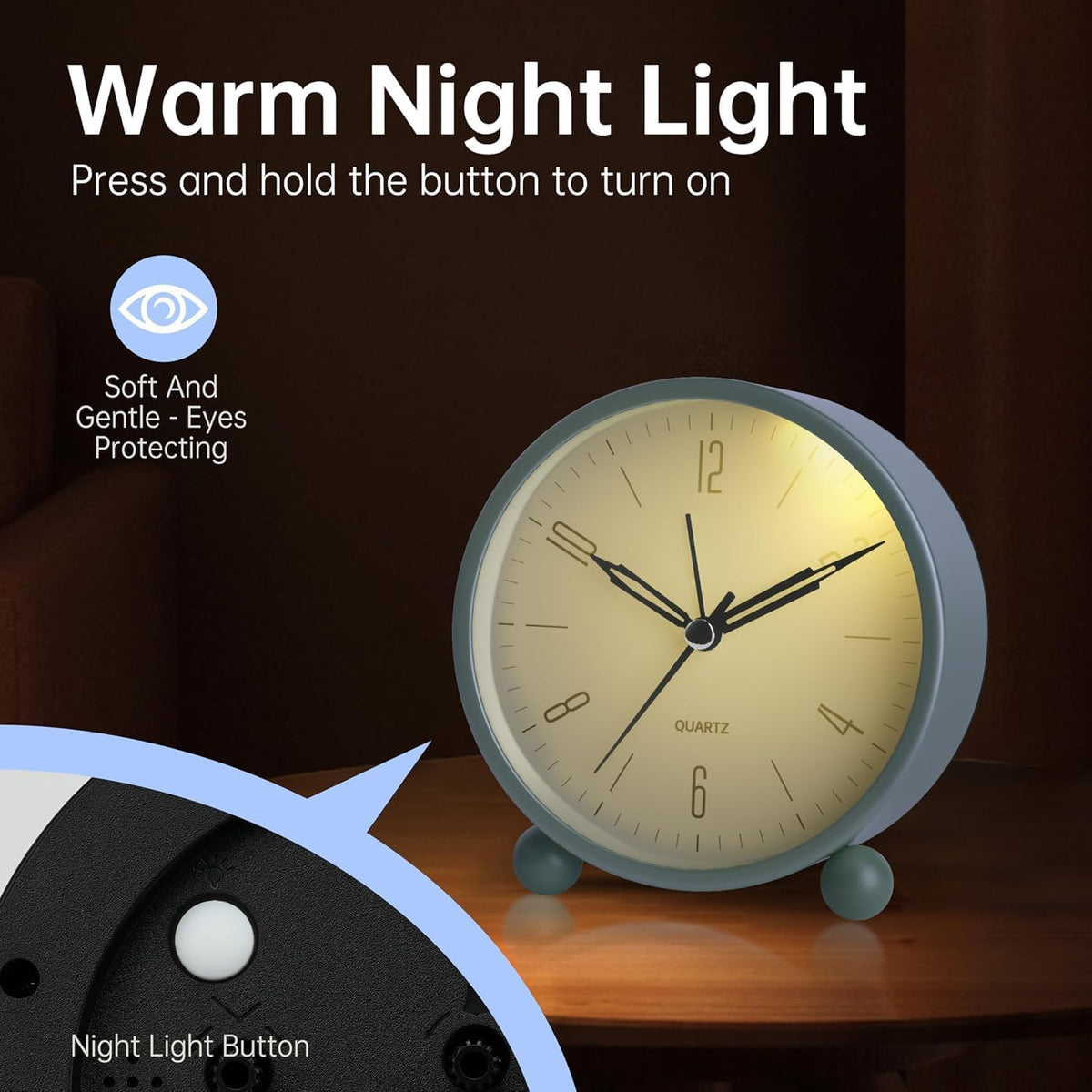 JALL Analog Alarm Clock, 4 inch Super Silent Non Ticking Small Clock with Night Light, Battery Operated, Simple Design, Old Fashioned Style Ideal Decor, for Bedroom, Bedside, Desk, Adult, Gift, Green