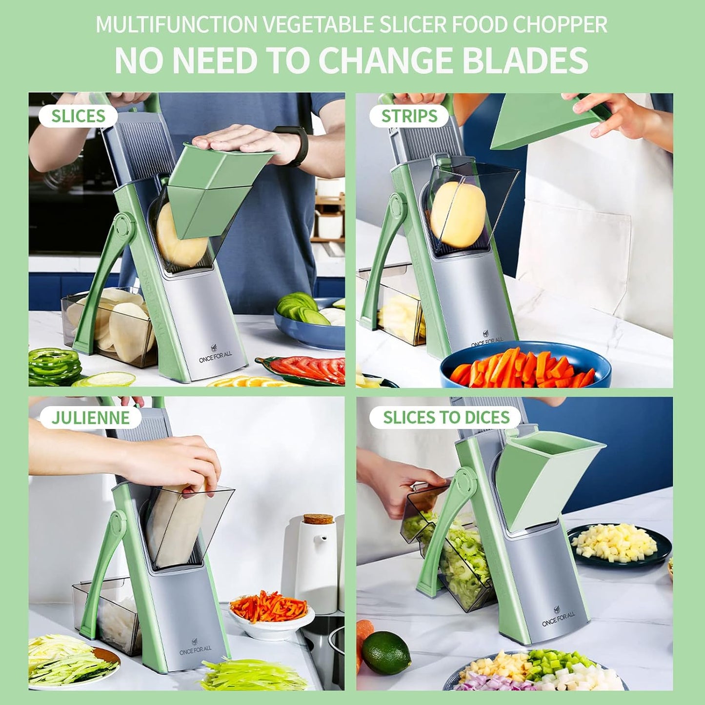 ONCE FOR ALL Safe Mandoline Slicer Plus, Bigger Size, Potato Slicer, Black | 0.1-8mm Adjustable Vegetable Food Chopper, Kitchen Mandoline Slicer Stainless Steel, Detachable Blade, Dishwasher-safe, Gift