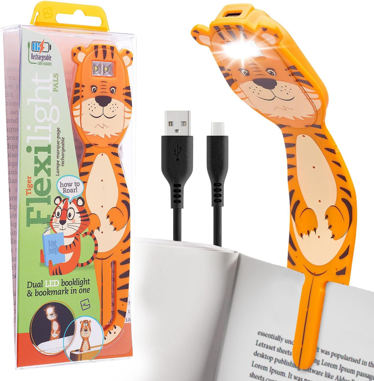 Gifts for Readers & Writers Rechargeable Book Light for Kids, Clip On Reading Light for Bed, 2in1 Flexilight Pals & Bookmark, 12 Hours of Light Once Charged, Includes USB Cable & 2 LED Lights, Dog