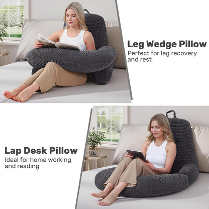 Reading Pillow for Bed, Backrest Pillow with Arms for Adult | Bed Pillow for Sitting Up, Back Support Pillows for Sleeping, Reading and Gaming with Shredded Memory Foam, Gray