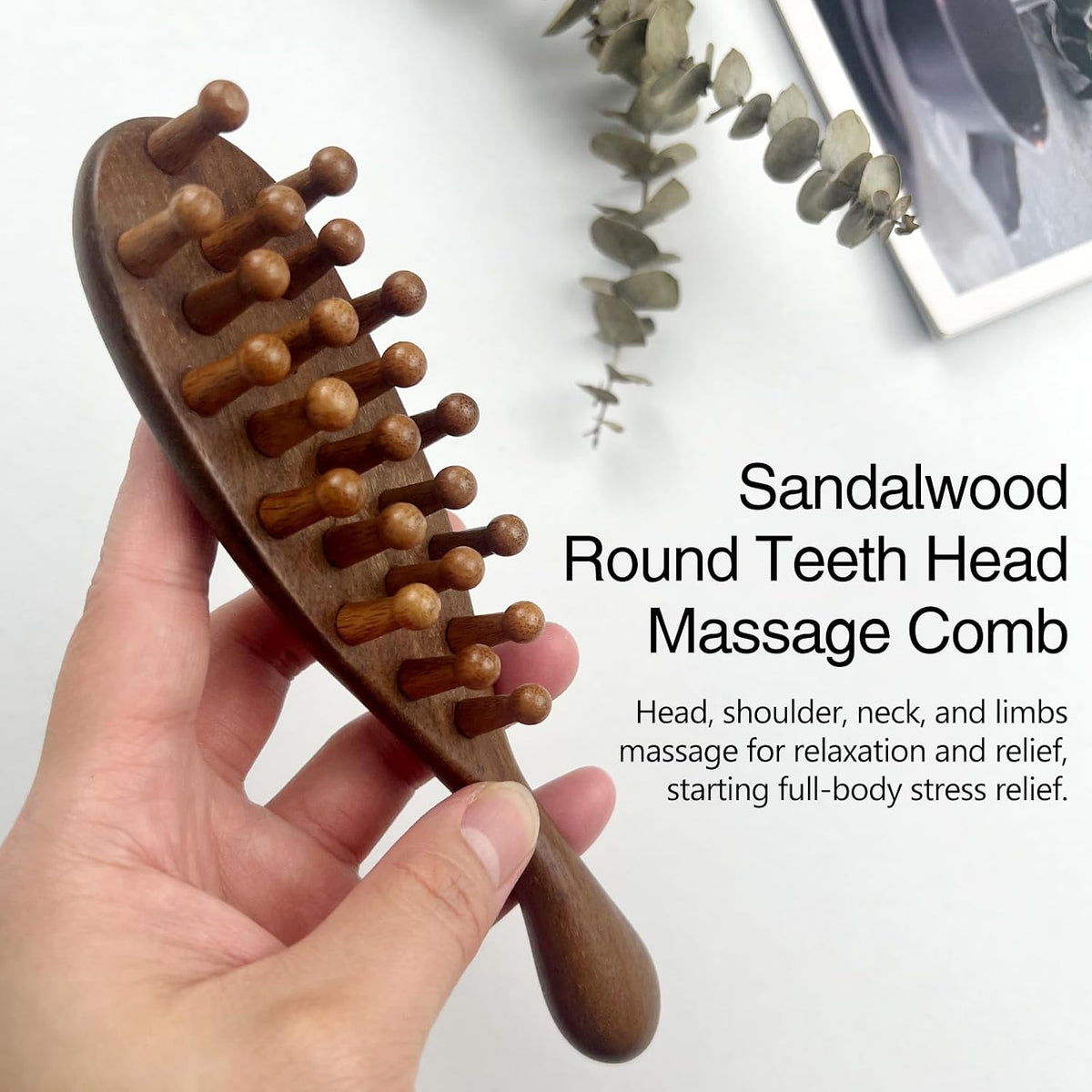 Sandalwood Comb Head Massager for Scalp Stress Relief - Gua Sha Comb for Headache, Neck, and Shoulder Relaxation - Relaxing Presents for Women/Mom/Sisters (1PC), Brown